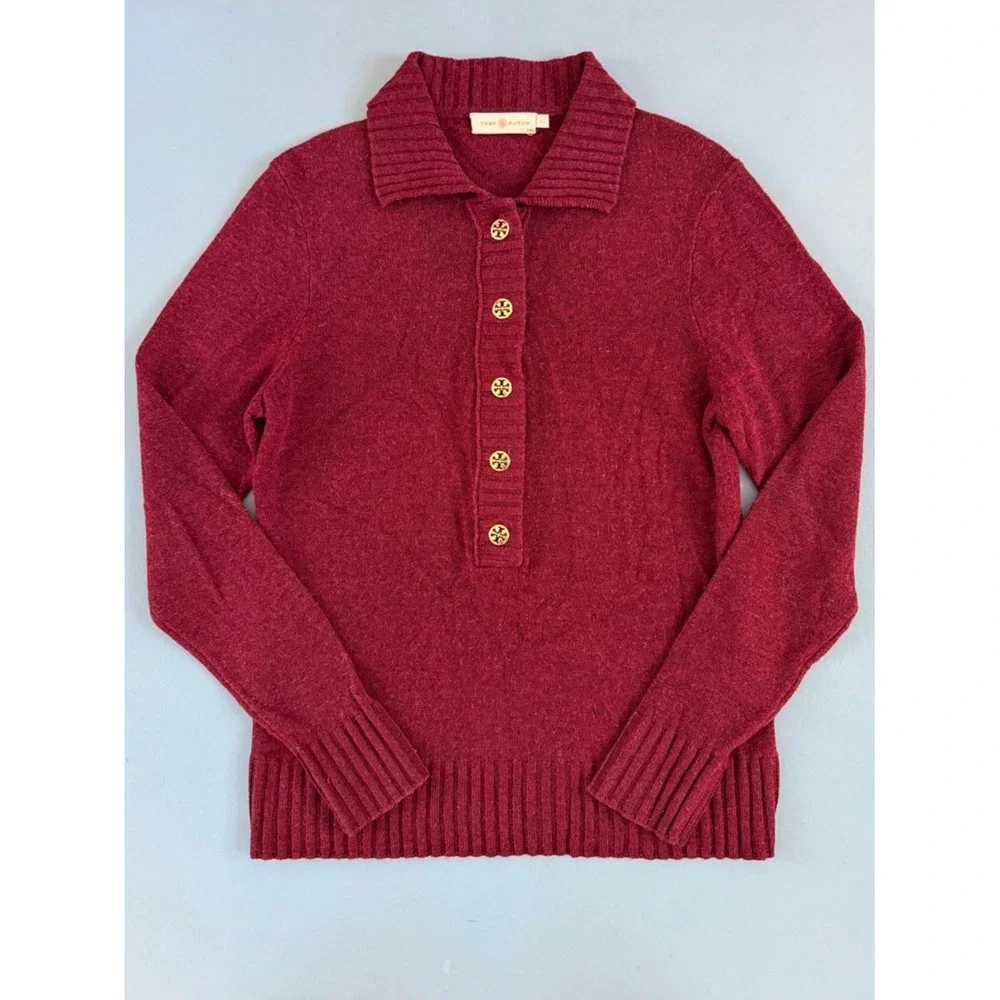 Tory Burch Audra Mock Neck Wool‎ Cashmere Red Purple Henley Sweater